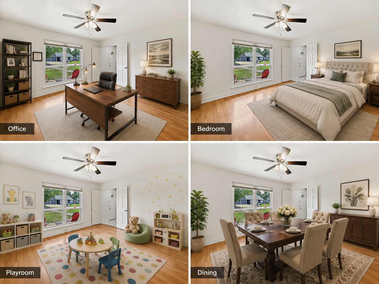 Four AI-staged versions of the same flex room: office, bedroom, playroom, and dining room.