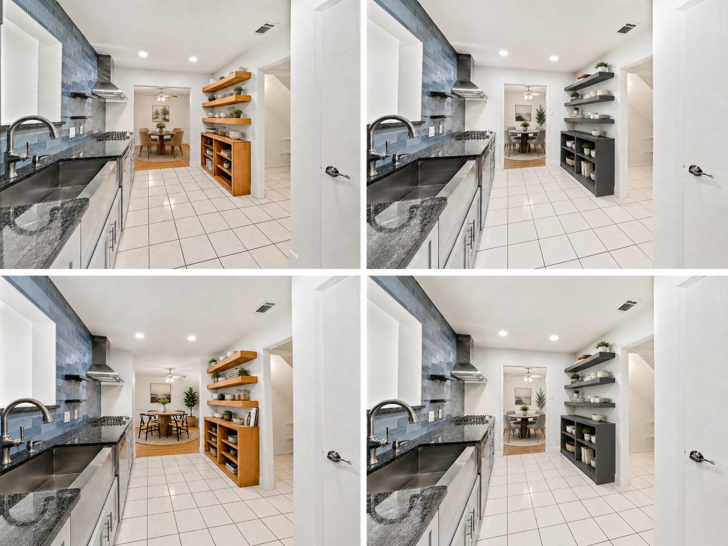 Four AI-staged kitchen styling options showing different shelving and finish choices.