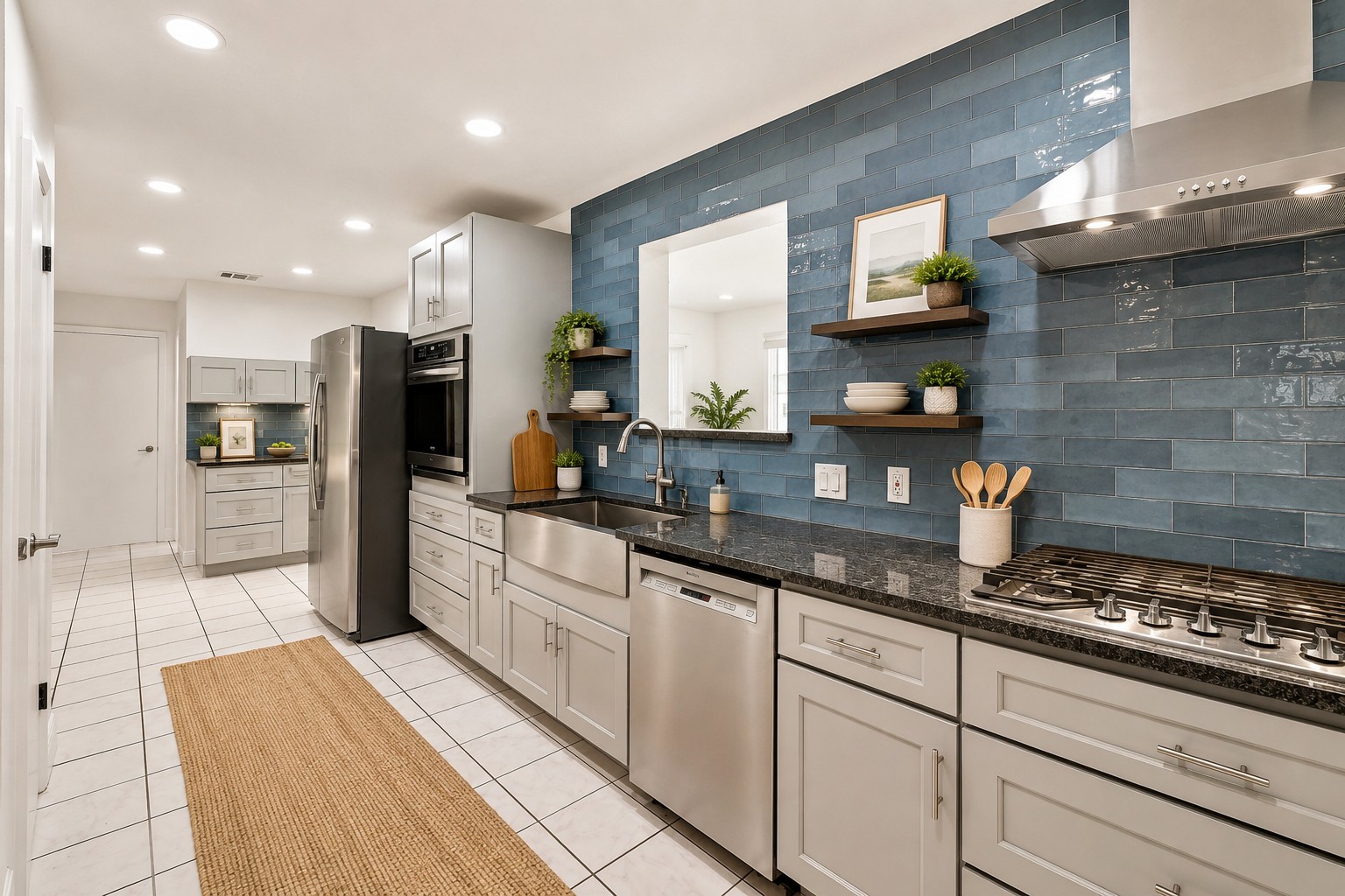 Remodeled kitchen with blue tile backsplash and stainless appliances
