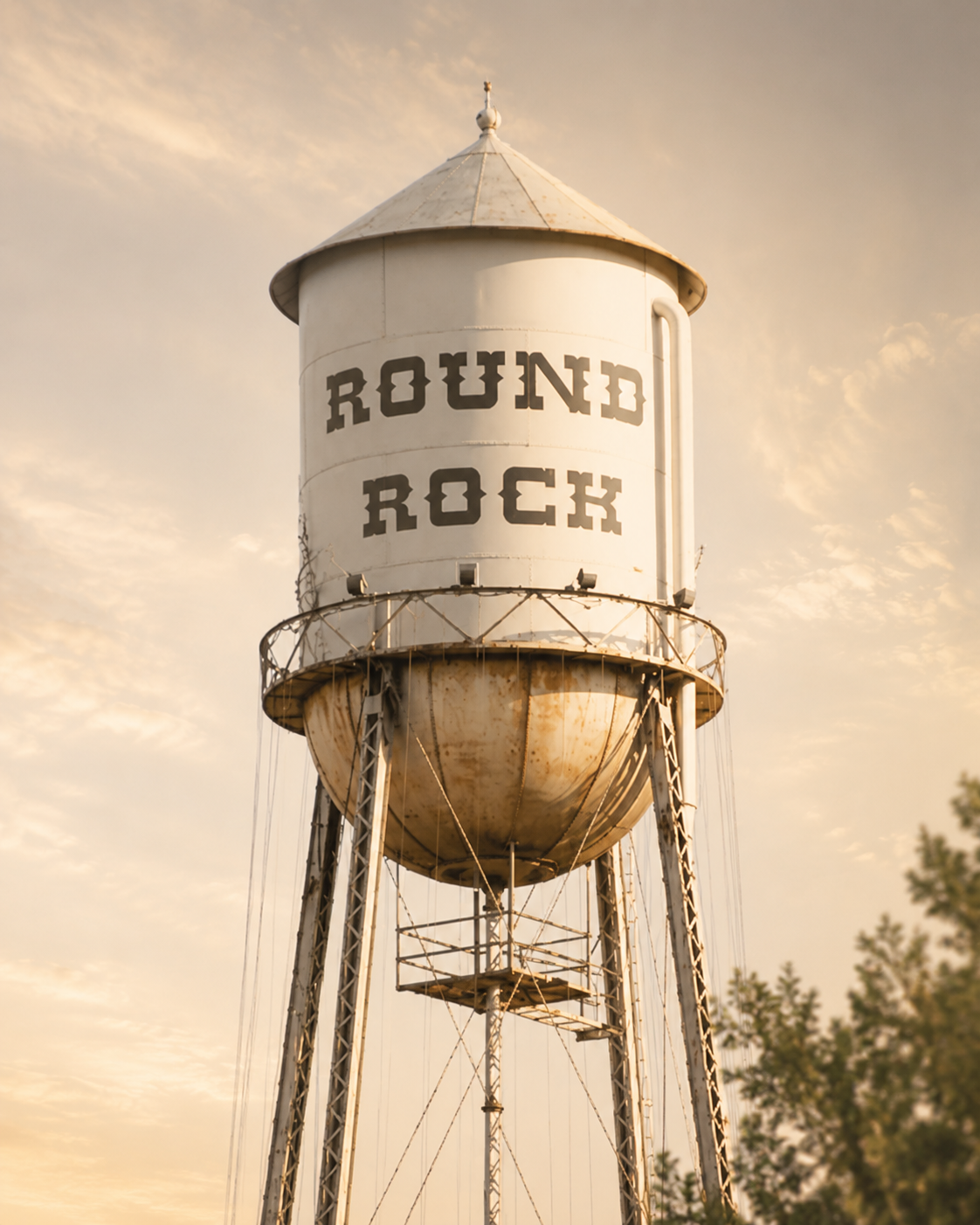 Historic Round Rock water tower at sunset — the iconic landmark of Round Rock, Texas.